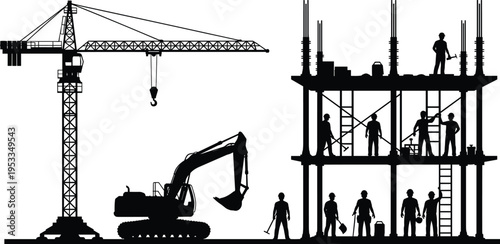 Set of construction site silhouettes including tower crane excavator and industrial workers for cad drawing flat vector illustration building designs