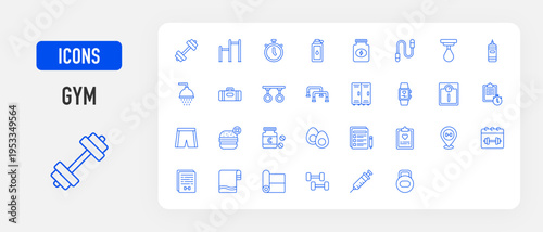 Gym icon. Weight, Pull Up Bar, Chronometer, Water Bottle, Protein, Rope, Boxing, Punching Bag, Shower, Sport Bag, Ring, Push Up Bar, Locker, Wristwatch, Weighing Machine, Training, Sports vector. 