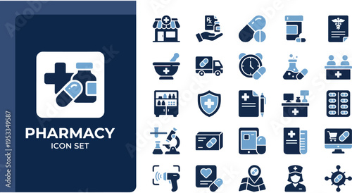 Flat design pharmacy and healthcare icon set on dark blue background for medical apps and websites