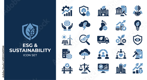 esg sustainability icons set with circular economy and green energy concepts on dark background