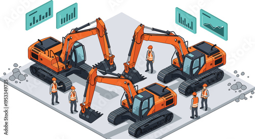Set of isometric orange excavators with construction workers in safety gear and data charts for industrial building site management projects
