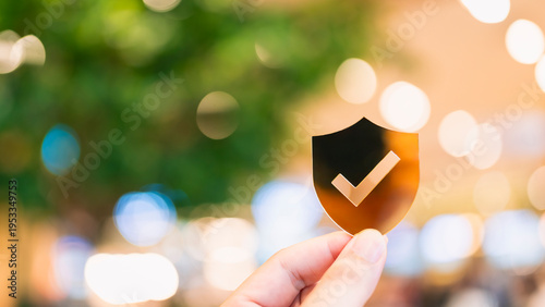 Hand holding a shield symbol with check mark against blurred bokeh background. Business concept of security, quality control, protection, insurance, safety guarantee, trust, and verification.