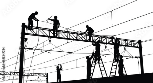 Electrical Workers on Power Lines Silhouette with Technicians Repairing High Voltage Transmission Tower Infrastructure Isolated on White Background
