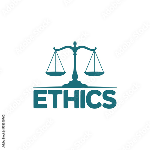 A teal illustration of scales of justice with the word ethics below