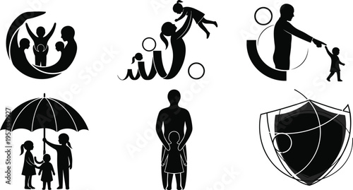 Family Protection and Insurance Concept Icons Set with Parents Children Safety Shield Care and Security Silhouette Vector Collection