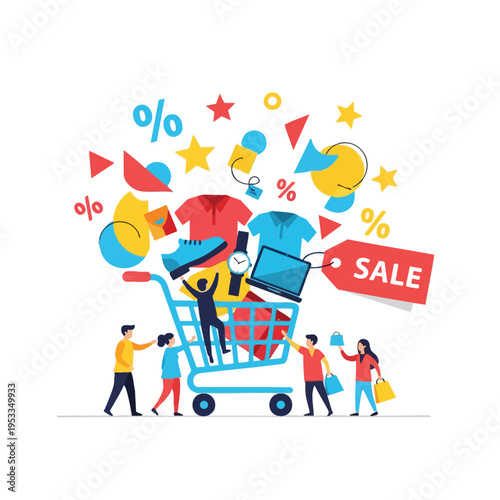 Shoppers enthusiastically load a cart with clothing, accessories, and electronics amidst festive sale symbols