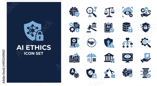 AI ethics and technology flat icon set on dark blue gradient background for digital presentations