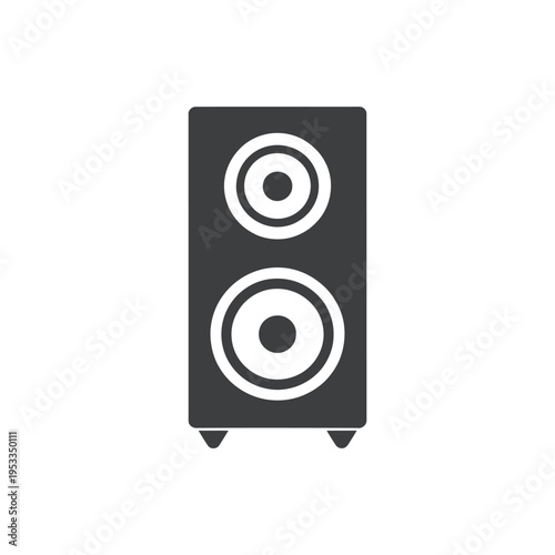 A simplified black silhouette of a modern tower speaker with dual drivers
