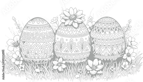 Easter eggs decorated in floral garden on easter sunday morning