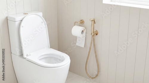 Clean minimalist bathroom with white toilet, toilet paper holder and handheld bidet sprayer. Hygiene, sanitation and modern interior design with copy space.