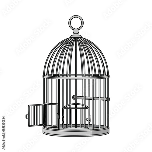 Ornate metal birdcage with open door, perch, and hanging ring