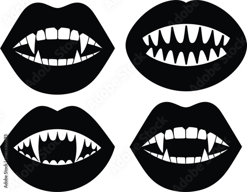 Vampire lips with fangs silhouette collection, spooky halloween mouth icons for gothic and horror design vector
