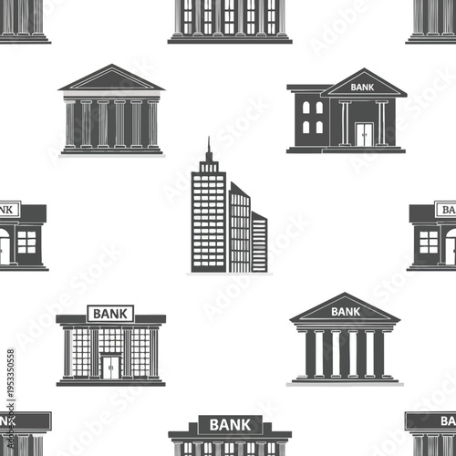 A pattern of various bank buildings and modern skyscrapers