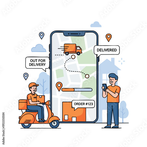 Delivery tracking app on phone shows scooter driver bringing order to house