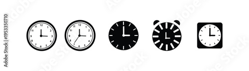 Five black and white clock icons showing different times and styles collection