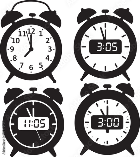 Set of 4 alarm clock icons vector isolated on Transparent Background