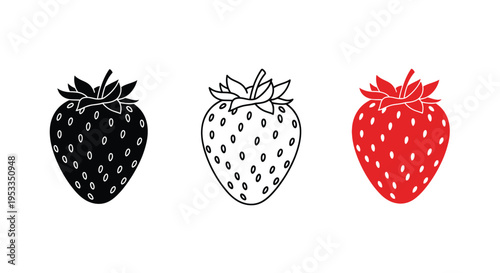 Three strawberries in varying styles including a dark silhouette