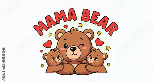 Mama bear with two cute cubs and hearts symbolizing love and family