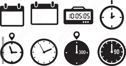 Set of 8 clock and calendar icons vector isolated on Transparent Background
