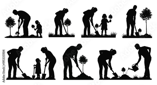 People gardening and tending to plants in a dark silhouette