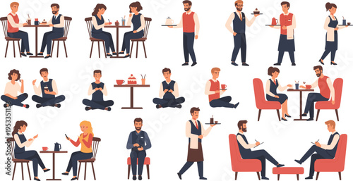 Cafe and Restaurant People Vector Illustration Set with Customers Sitting, Drinking Coffee, Waiter Service, Conversations, and Relaxed Dining Lifestyle Scenes