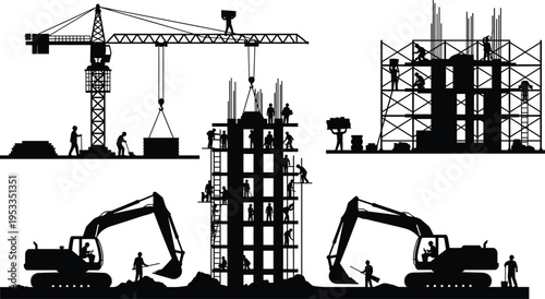 Silhouettes of construction workers with cranes and excavators on building site in cad drawing flat vector illustration for industrial design