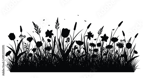 A vibrant field of wildflowers and grasses in dark silhouette