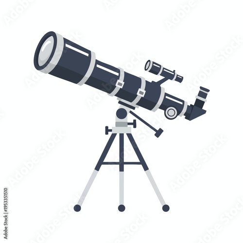 A dark telescope on a tripod, angled upward, with a finder scope