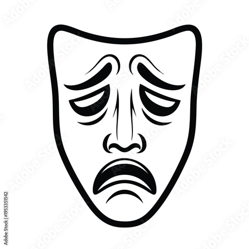 Stylized black and white sad theatrical mask with downturned mouth and eyes