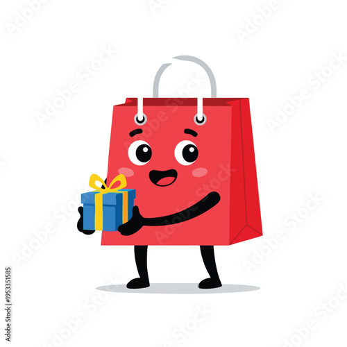 A cute red shopping bag character happily holds a blue gift box with a yellow bow