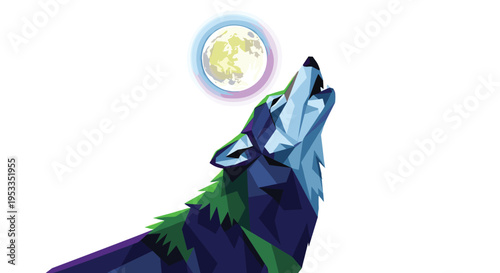 A geometrically faceted wolf, depicted in vibrant blue and green hues, howls towards a luminous digital moon on a clean white backdrop.