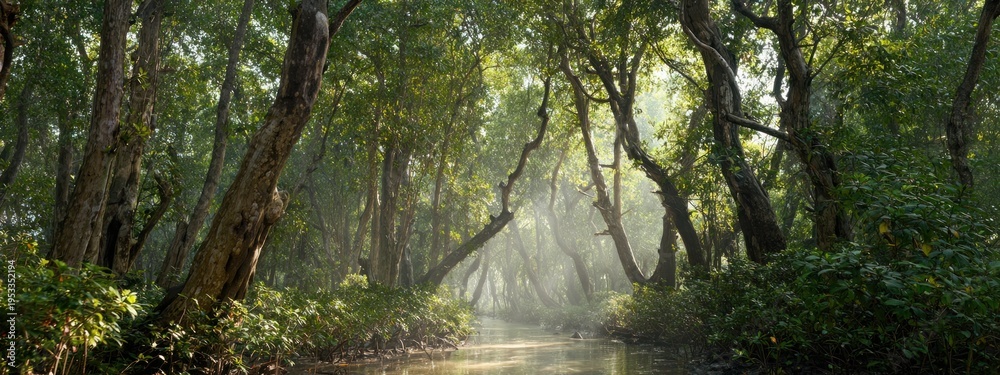 Fototapeta premium A serene forest scene with lush greenery, sunlight filtering through trees, and a calm waterway reflecting the vibrant natural beauty.
