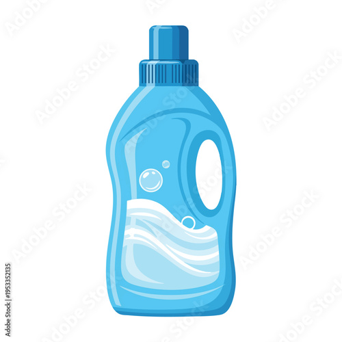 Blue plastic bottle with wavy liquid and bubbles inside, white background