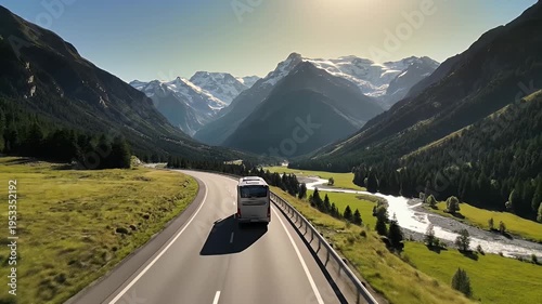 Bus on scenic mountain road.