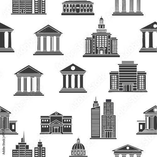 Black and white silhouette pattern of various classic and modern government buildings