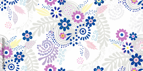 Whimsical floral pattern with stylized owl hidden amongst the blossoms