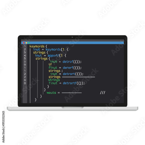 Laptop screen displays lines of code with syntax highlighting
