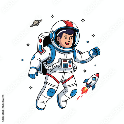 Animated astronaut with happy face floats in space near Saturn and rocket