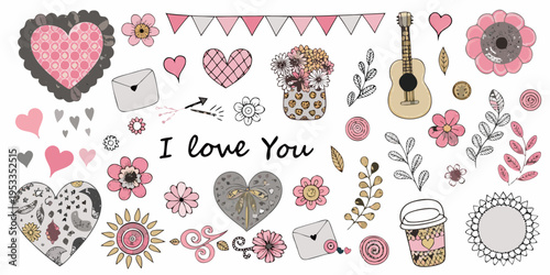 Collection of hand drawn love themed illustrations and floral elements