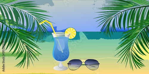 Tropical drink with sunglasses on a sandy beach under palm trees