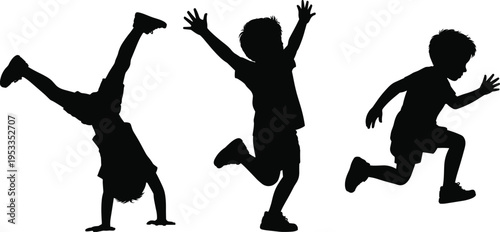 Black Silhouette Set of Active Children Playing Running and Doing Handstands for Childhood Joy Physical Education and Summer Fun Concept