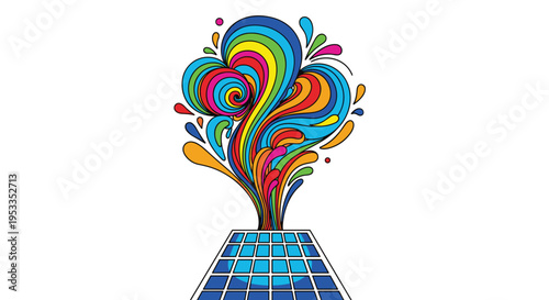 A blue solar panel generates a vibrant, swirling plume of multicolored psychedelic energy against a pristine white background.