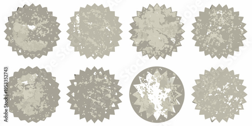 Eight distressed starburst shapes in shades of gray and beige