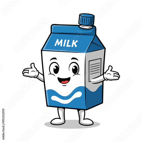 Cheerful milk carton character with arms spread wide, invitingly