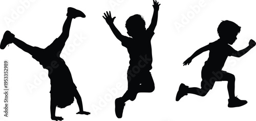 Black Silhouette Set of Active Kids Playing Running Jumping and Doing Handstands for Childhood Joy Physical Education and Summer Fun