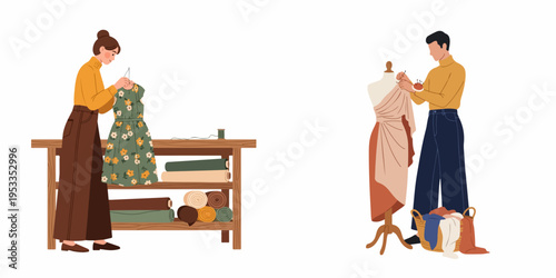 Vector illustration of male and female fashion designers working on new garments in their studio with fabrics, mannequins, and floral dresses.