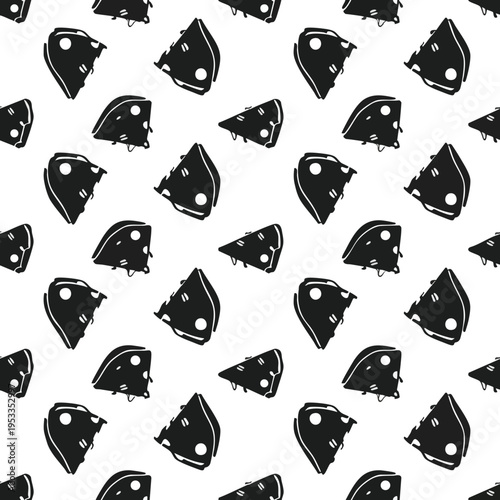 Scattered black triangular cheese slices with holes on a white background