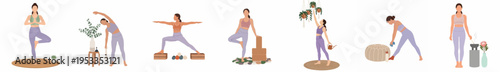 Minimalist flat illustration set of women practicing various yoga poses and mindfulness activities at home for wellness and self-care.