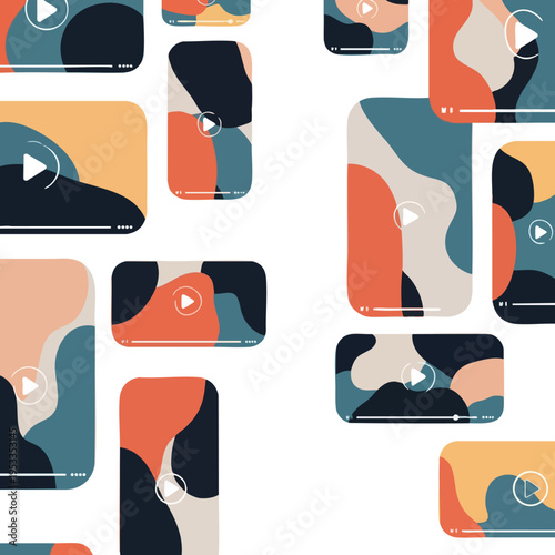 Collection of abstract digital video player mockups with rounded corners and playful colors