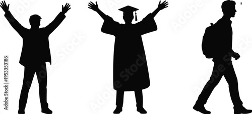 Black Silhouette Set of Male Graduate Wearing Cap and Gown Student with Backpack and Happy Man for Education Success Concept